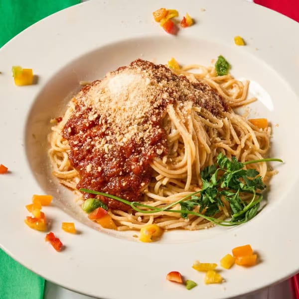 Lizzano's Pizza spaghetti with red sauce, parmesan cheese, and fresh parsley on a white plate.