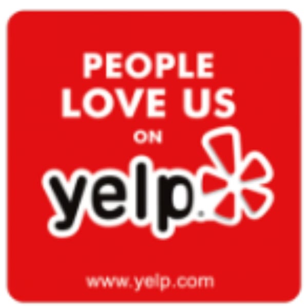 Red square with white text: "People Love Us on Yelp" and the Yelp logo.